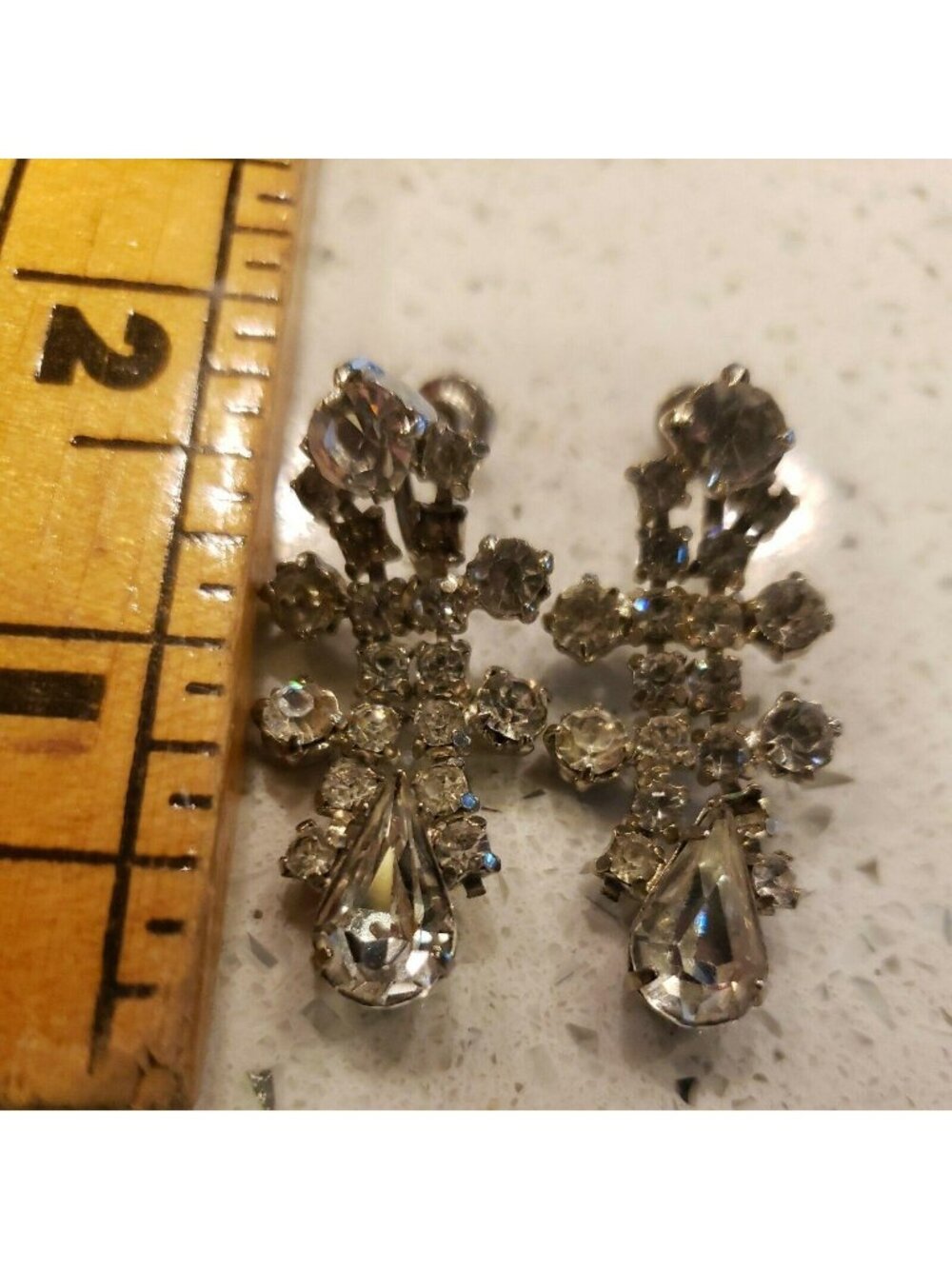 Vintage Clip screw On Earrings Silver Metal clear stones dangle Retro formal